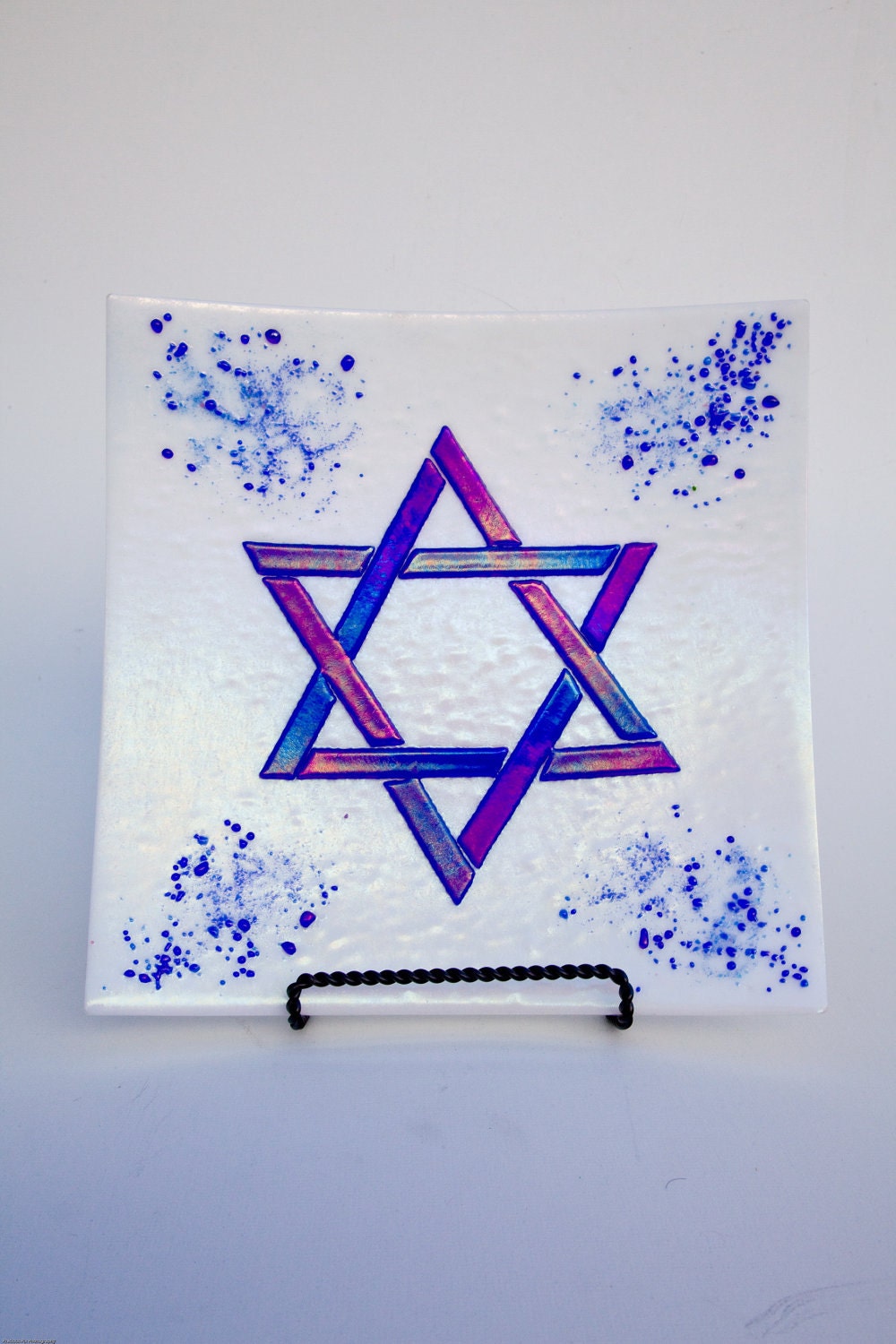 Iridescent Blue and White Fused Glass Star of David Plate 12 x 12