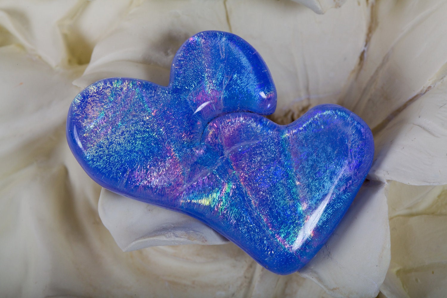 Blue Dichroic Glass Double Heart  Pin