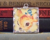 Soldered Glass Pendant Charm Deer Fawn and Blue Bird with Vintage Illustration