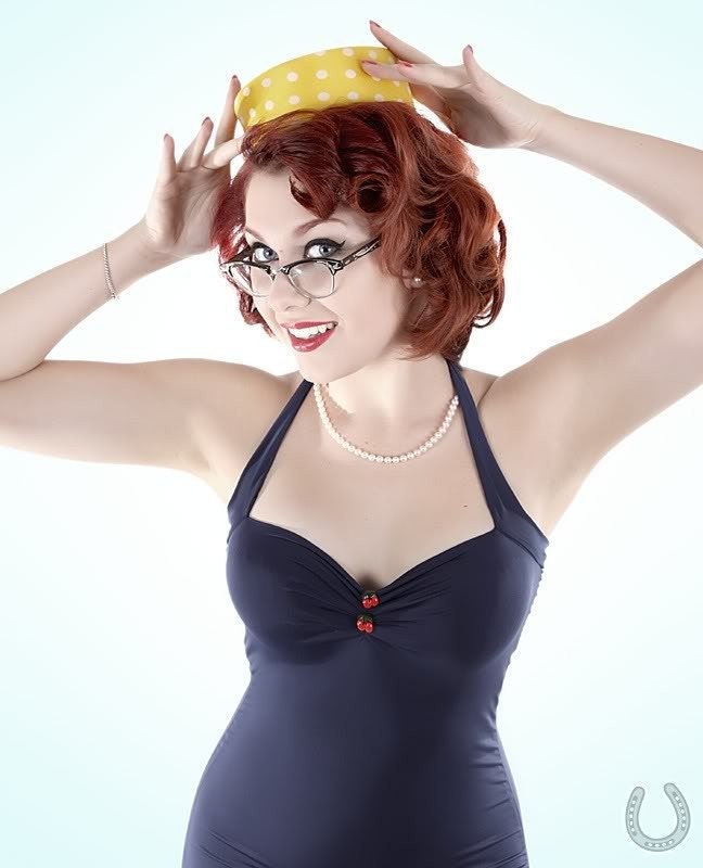 Navy with Cherries One Piece retro Pin Up Maillot Swimsuit