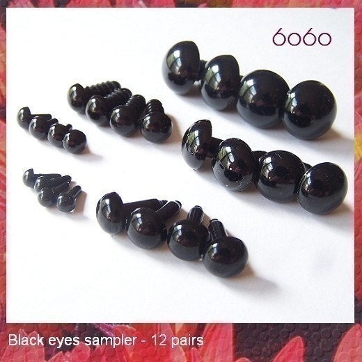 Plastic Eyes Craft Eyes Safety Eyes Black Sampler - 12 PAIRS 6 Sizes (SE3)
