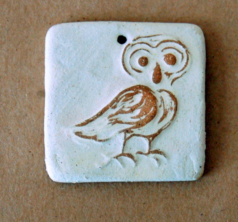 Ceramic Mini Tile Pendant Bead - Stoneware Owl Bead - beadfreaky