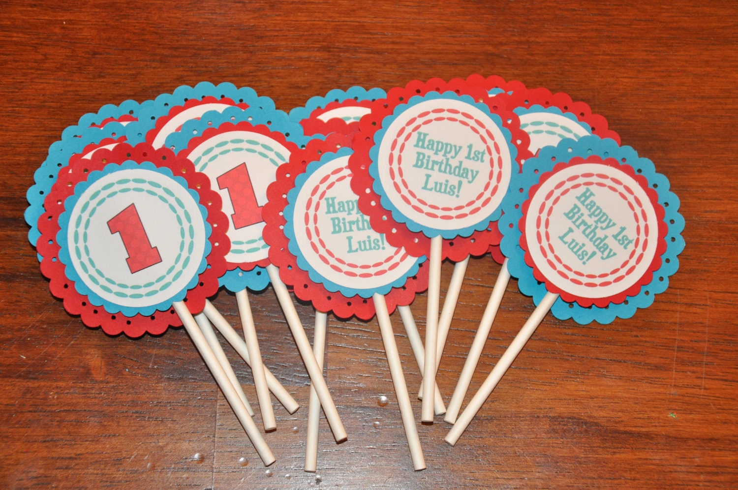 Happy Birthday Cupcake Toppers: Cupcake Picks. Red. Aqua. Choose Number.  First Birthday. Party. Set of 12