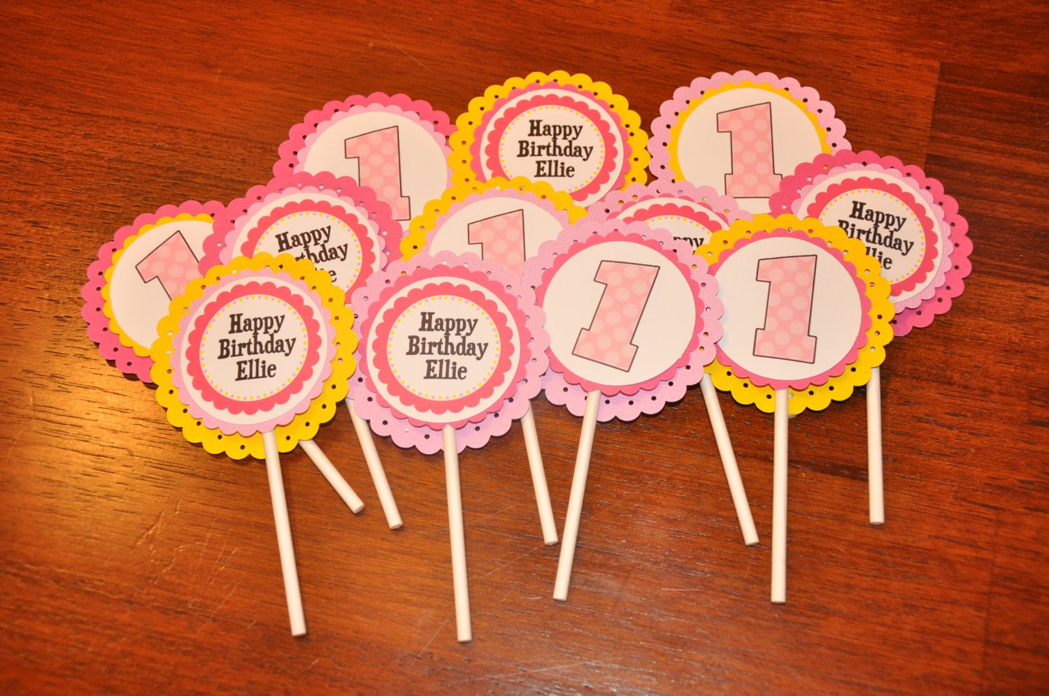Cupcake Toppers. Cupcake Picks. Happy Birthday. Pink. Yellow. Personalized. Polka Dots. Pink Lemonade. Age. Set of 12