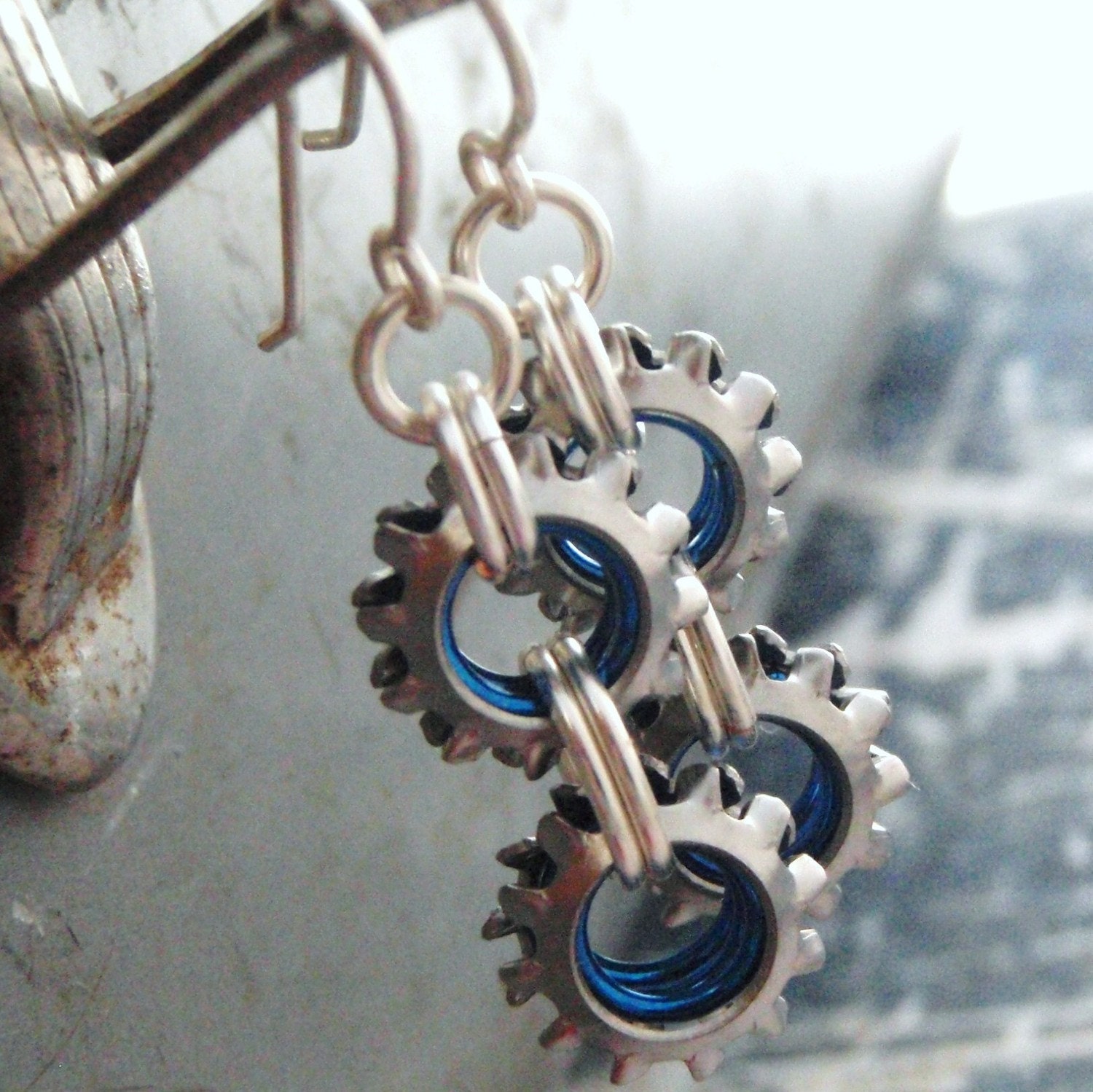 On The Edge Steampunk Chainmaille Earrings in Blue and Stainless Steel
