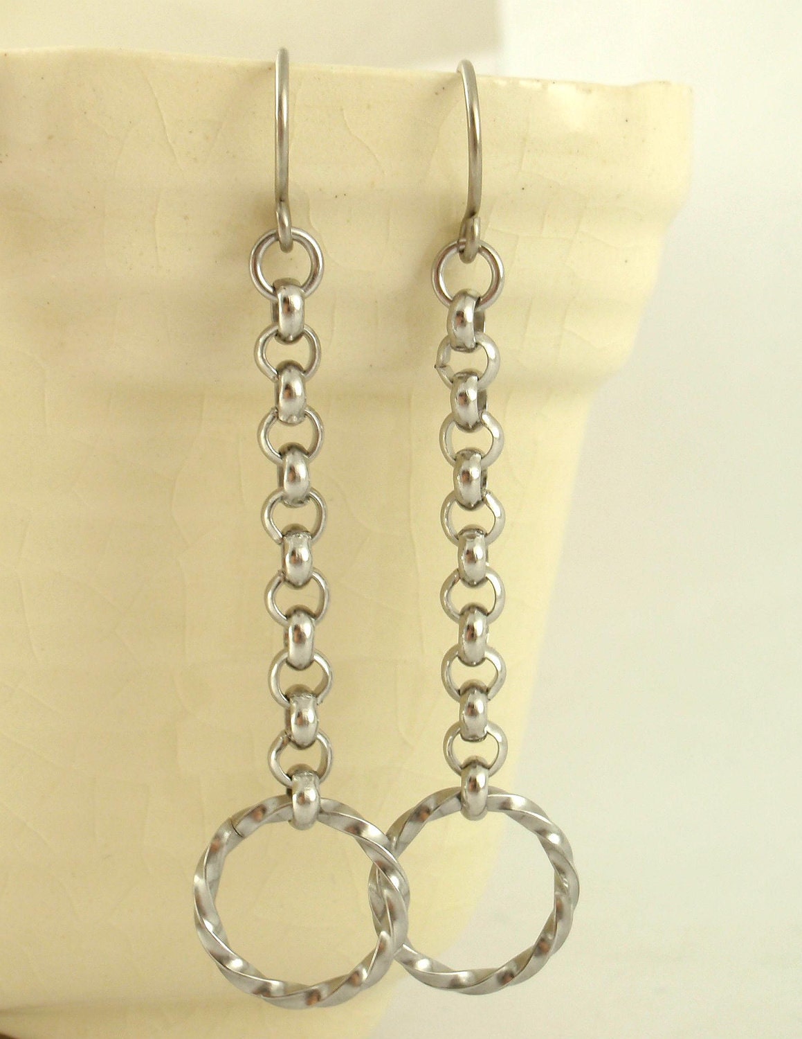 Stainless Steel Earrings - Silver Toned Dangles - Link It VI