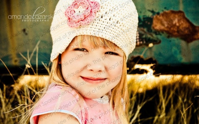 Newsboy Hat Crocheted "The Jacey" Ecru Rose Pink Skater Visor Beanie Brimmed hat Flower