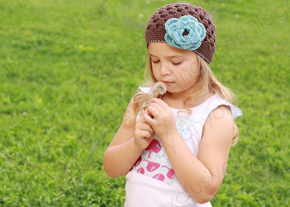 THE BRINLEE Crocheted Beanie Chocolate/Soft Teal  Newborn - Teens Summer Flower Photo Prop Infant Toddler