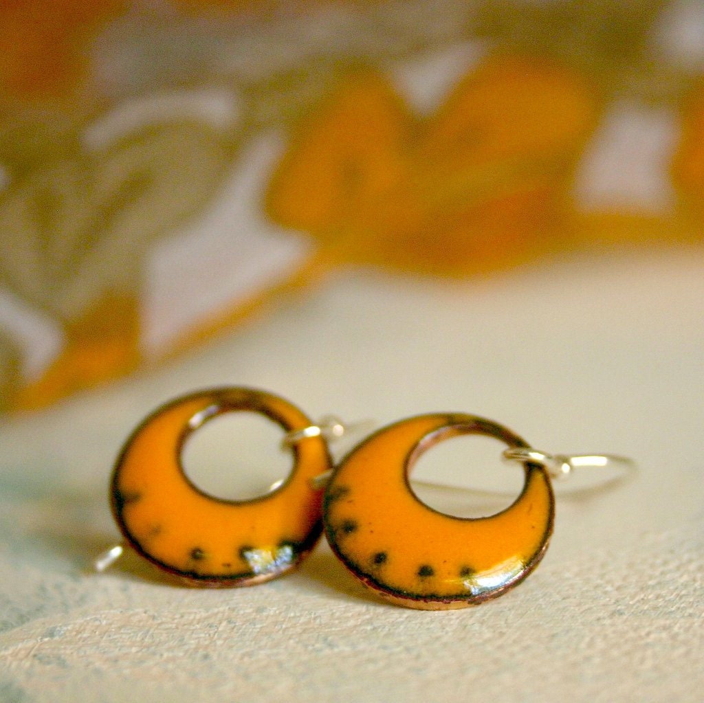 Orange Earrings Jewelry Rustic Enamel Hoops OOAK Tangerine Enamel Jewelry