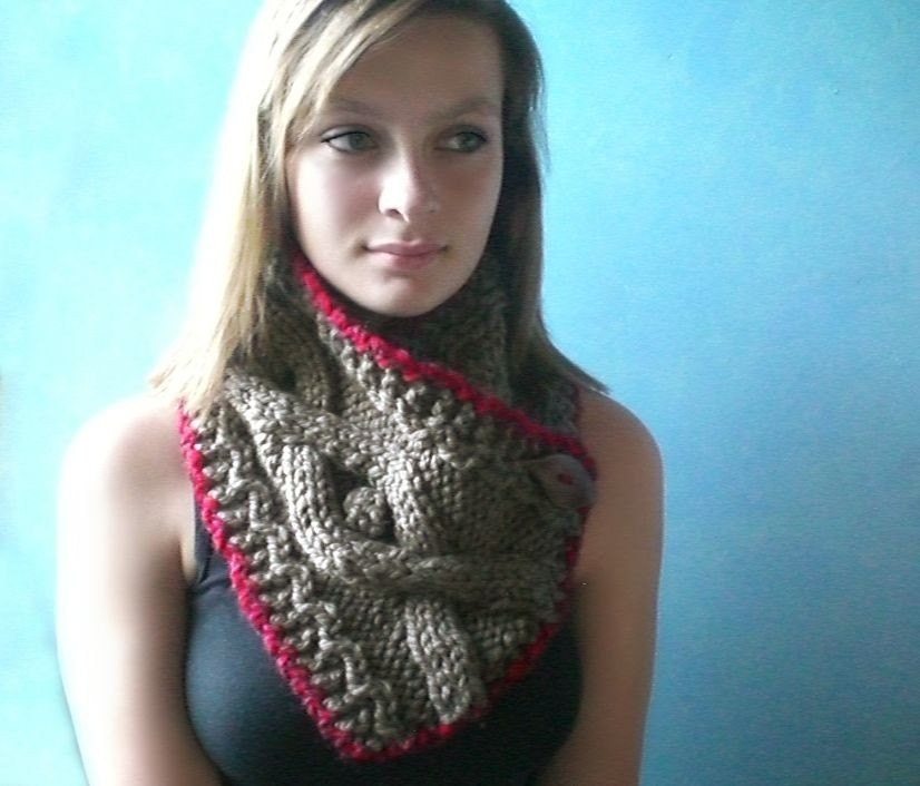 Handknit Brown Scarf. Cocoa Cables with Raspberry Red Crocheted Trim. Scarflette with Button.