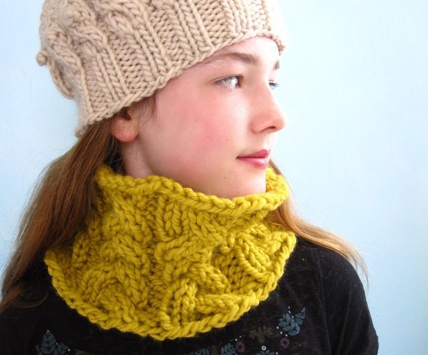 Yellow  Cowl. Handknit with Chunky Cables. Custom Made in 25 Colors.