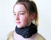 Graphite Gray Cabled Handknit Necklet with Crochet Flower Button. Dark Gray.