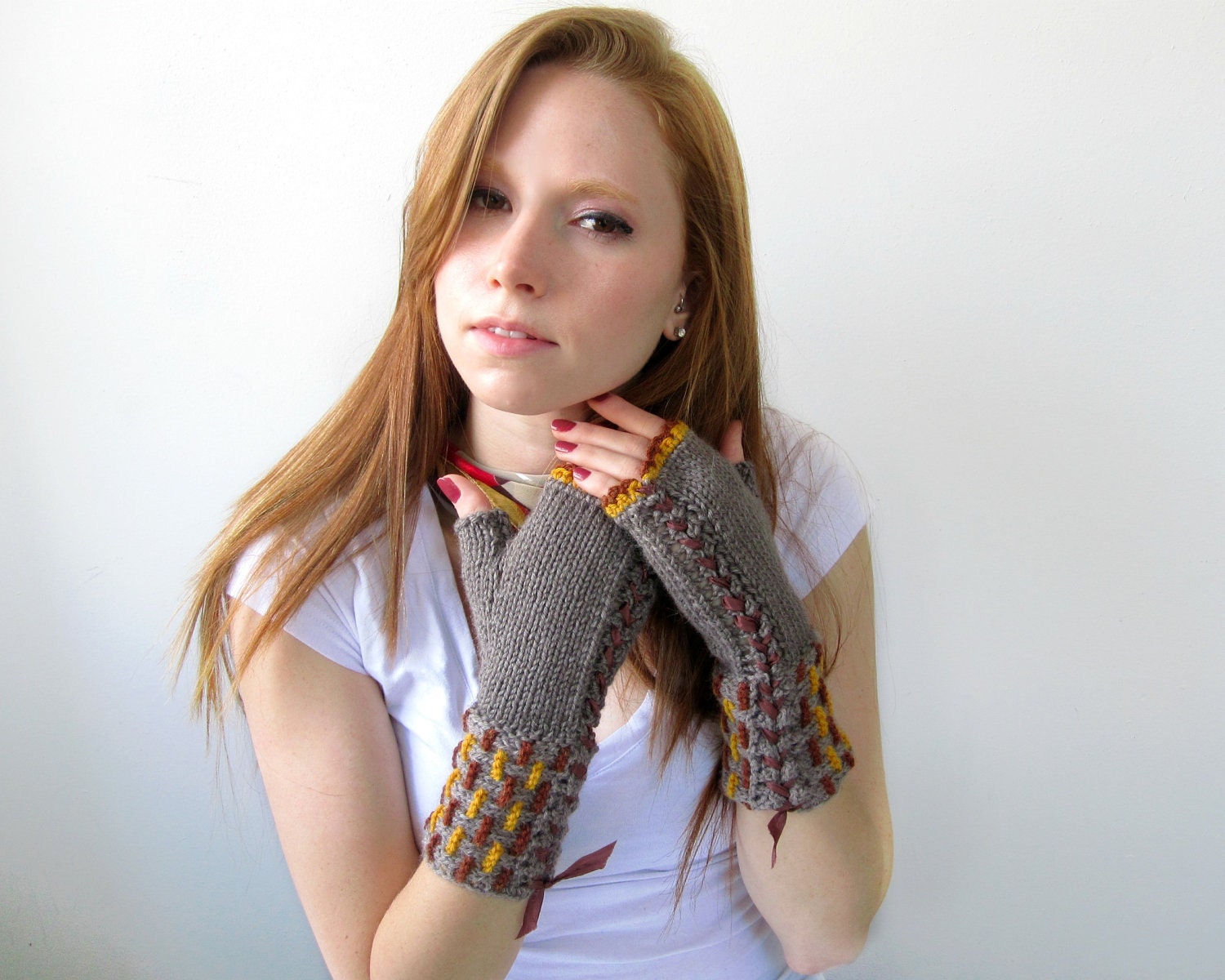 Handknit Fingerless Beige Gauntlets with Rust and Yellow Gold. Wool Gloves.