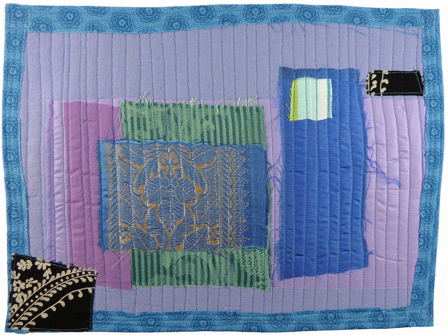 5.7.2012 small art quilt, contemporary, abstract, periwinkle, metallic gold, silk sari, lavender, black, aqua, blue