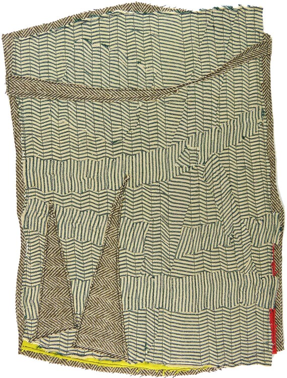 RESERVED FOR SUSAN 4.22.2012 small art quilt, contemporary, abstract, green and brown stripes, citron, rust, brown herringbone