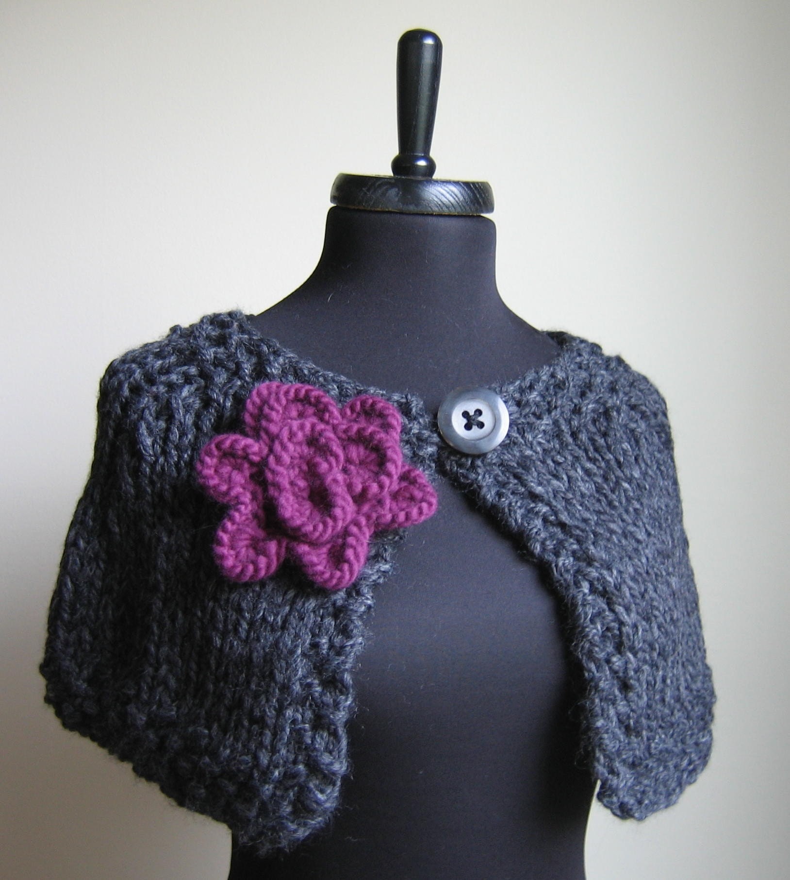 Knit Grey Cape. Plum Flower.