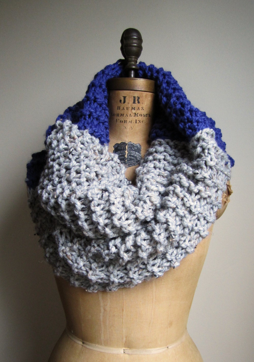 Super Snuggly Chunky knit cowl Cobalt Blue. Grey.