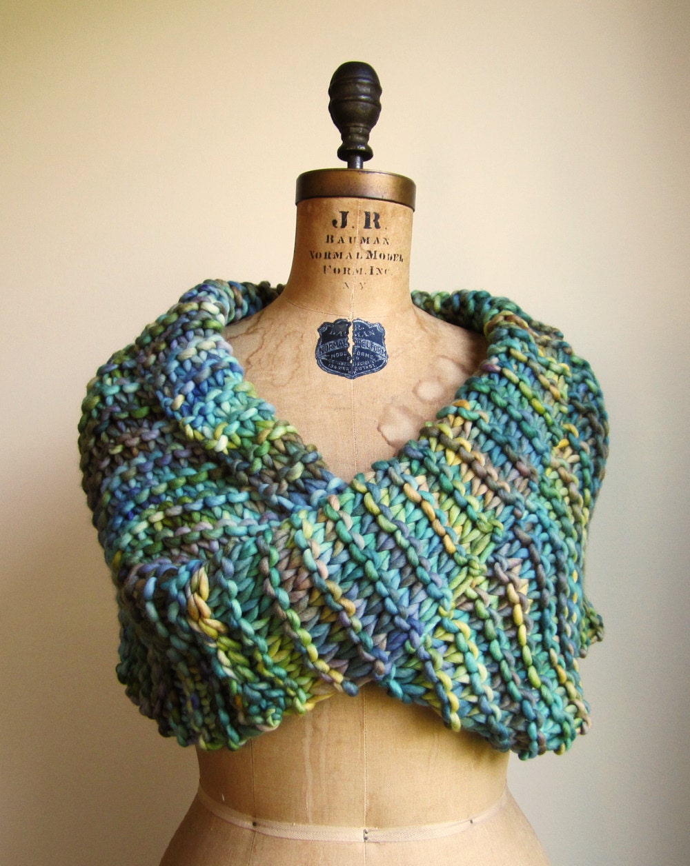 Big Chunky Knit cowl Green. Teal. Yellow. Turquoise.