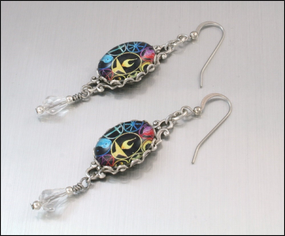 Silver Dangle Charm Earrings with Crystals, Unitarian Jewelry, Vintage Inspired Image Glass Earrings