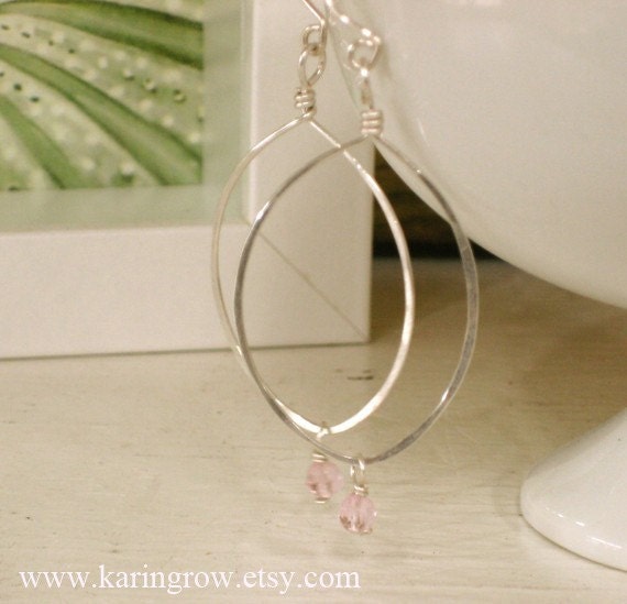Sterling Silver Hoop Earrings with Pink Crystal Drops