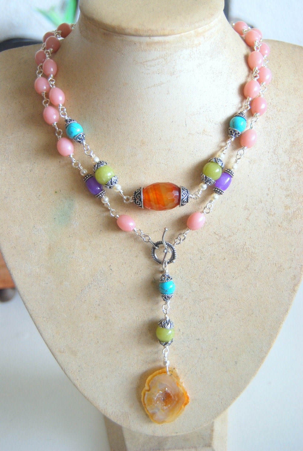 Pink Opal wraparound necklace with carnelian, turquoise, purple and olive agate, geode slice pendant and 925 silver