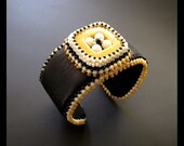 SALE 25% OFF - Retro Square Black and Mustard - Bead Embroidered Leather Beaded Cuff