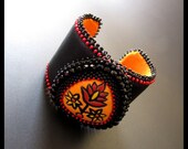 SALE 25% OFF - Orange & Red Flowers - Orange and Black Bead Embroidered Leather Beaded Cuff
