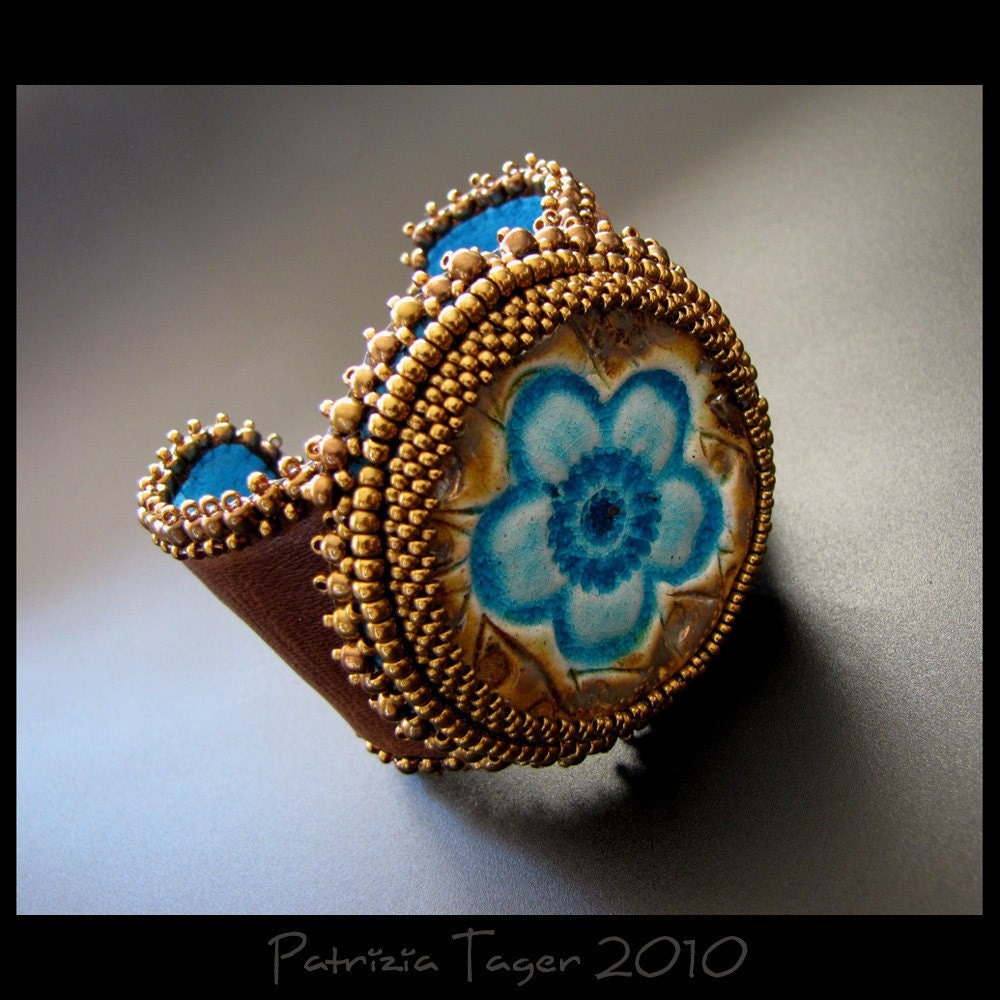 SALE 25% OFF - Flower Power - OOAK Turquoise, Bronze and Brown Bead Embroidered Beaded Leather Cuff