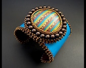 SALE 25% OFF - Turquoise, Green & Brown Stripe - Bead Embroidered Beaded Leather Cuff