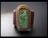 SALE 25% OFF - Chocolate and Mint Swirls  - OOAK Brown, Green and Bonze Bead Embroidered Beaded Leather Cuff