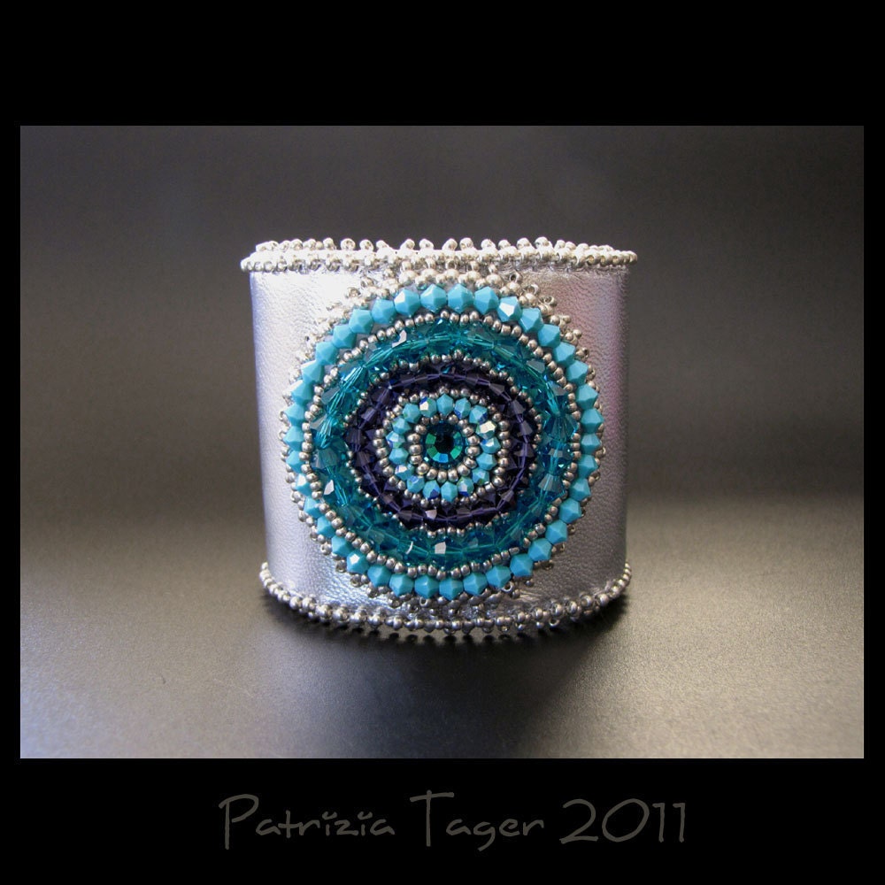 Around & Around - Bead Embroidered, Silver, Turquoise, Teal and Purple Beaded Leather Cuff