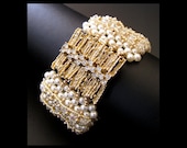 Diamond & Pearls - OOAK Ribbed Cream and Gold Swarovski Crystal Pearl Bracelet