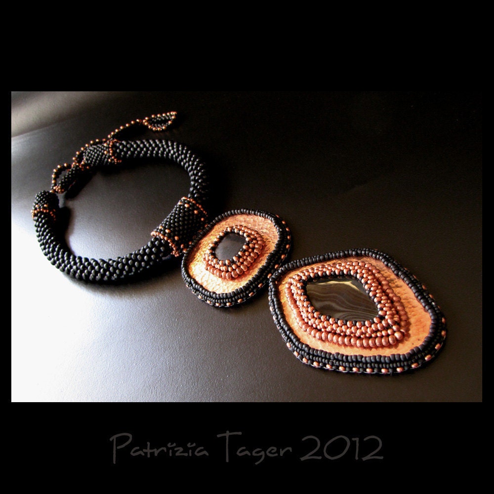 Fiery Warrior - Black and Copper Beaded Statement Necklace Crochet Bead Embroidery OOAK