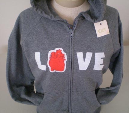 love applique and anatomical heart screen print juniors zip up hoodie size XL