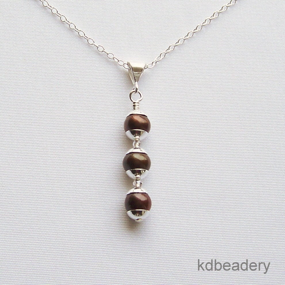 Chocolate Freshwater Pearl Pendant Necklace. Swarovski Crystals. Sterling Silver.