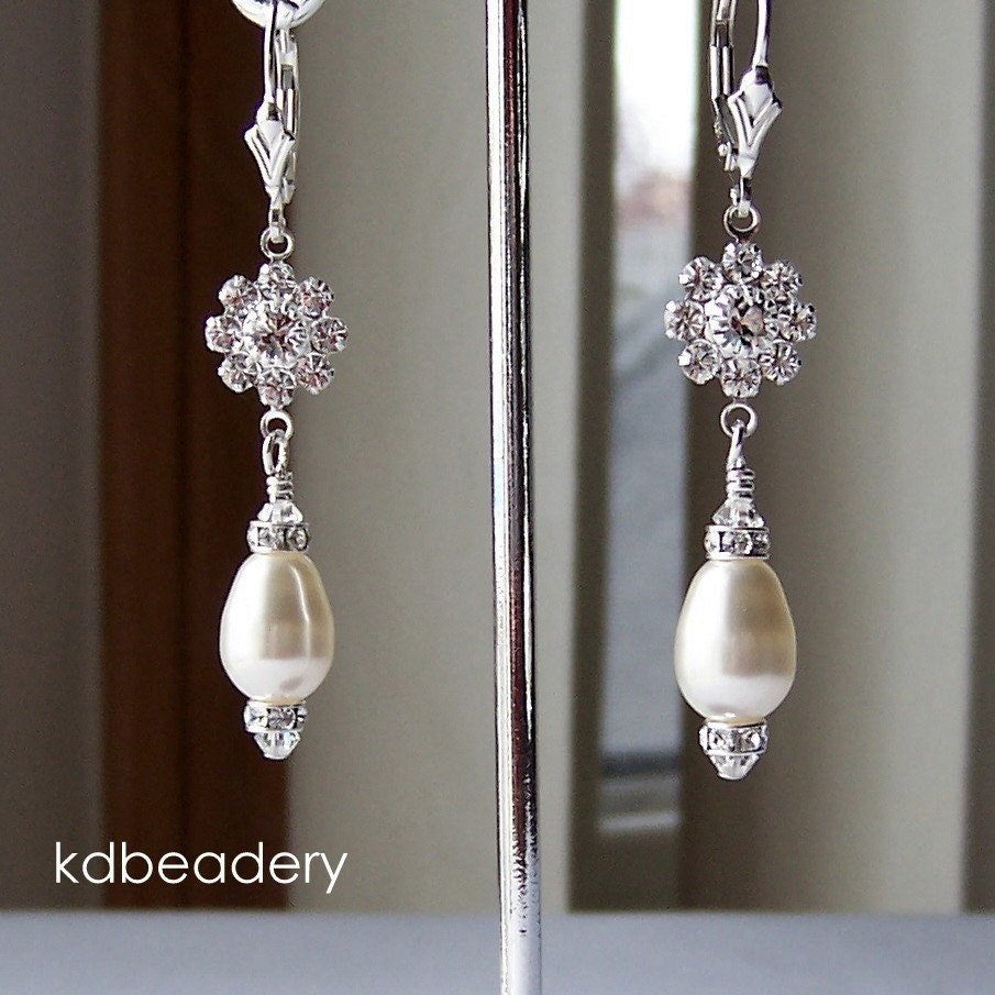 Swarovski Pearl and Crystal Earrings. Bridal. Sterling Silver. Teardrop Pearls.
