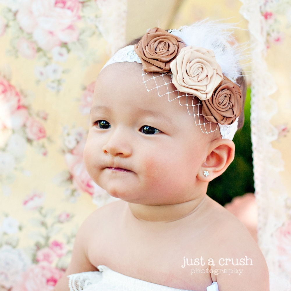 Mocha - Headband for Baby Girl, Trio of Beige and Mocha Colors Headband with Fur and Birdcage Veil