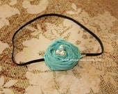 Robins Nest - Handmade Raw Silk Aqua Rose Headbad, Baby Girls Headband, Newborn Photo Prop, Dupioni Silk Headband, Rosette