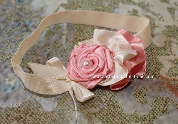 In Love in Paris - Handmade Pink Rosette with Ivory Ruffles Headband - Photo Prop for Newborns, Girls or Toddlers and Adults