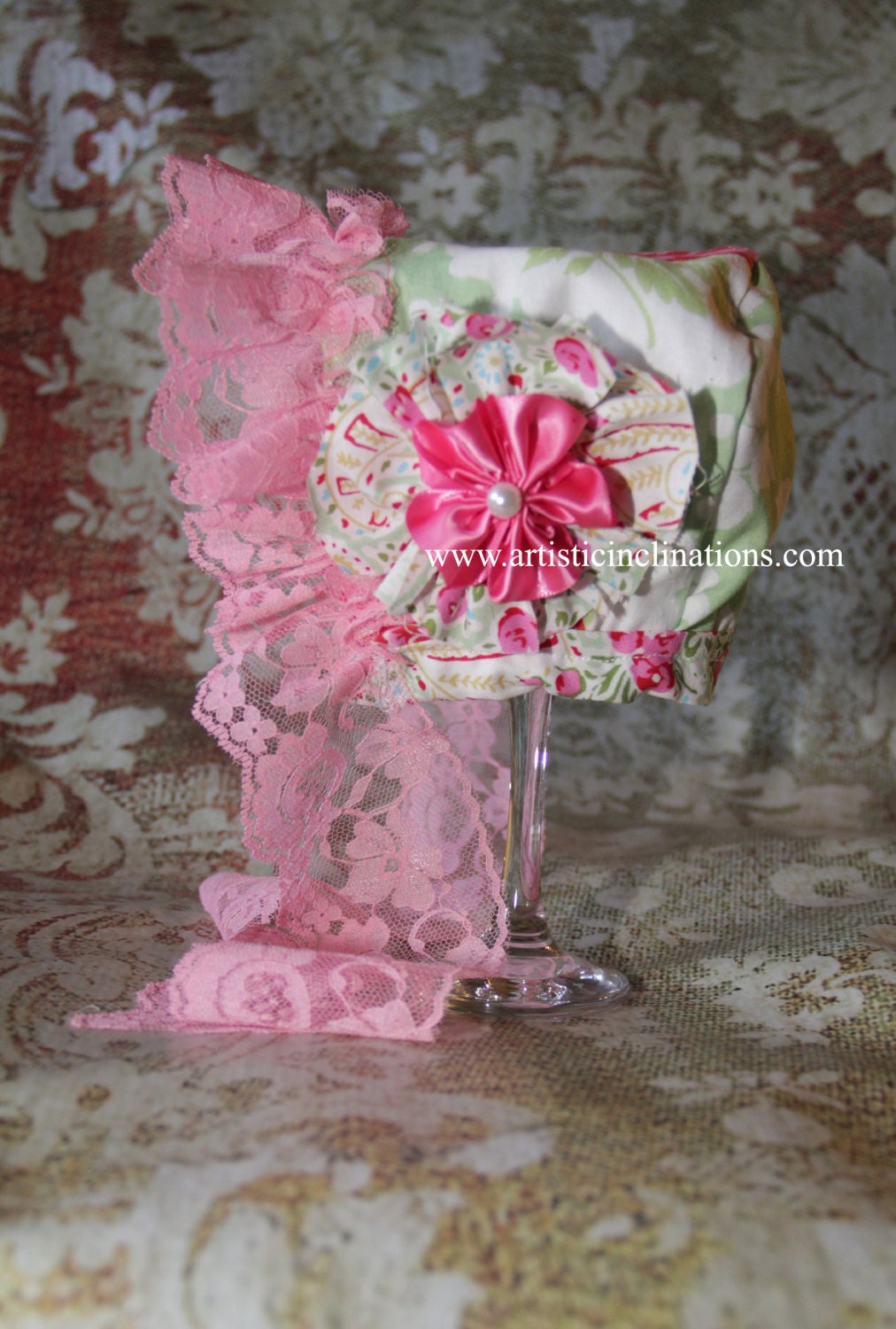 Forget Me Not -  REVERSIBLE BABY BONNET, Handmade Girls Pink Bonnet, Pink Lace, Newborn Bonnet, Pink Lace, Handmade Flower, Photo Prop