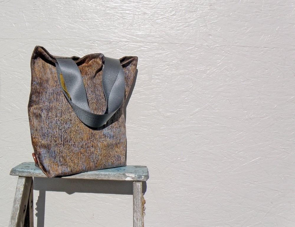 Tote Bag. Vintage German Decoration Fabric. Blue Brown Abstract Art. Market Bag with Gray Handles and Brown Buttons.