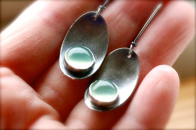 Luminous Earrings..Handmade..Sterling Silver Metalwork..Green Chalcedony Stone...Leaf..Modern Classy Everyday