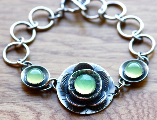Modern Bracelet in Oxidized Sterling Silver and Chalcedony Handmade Artisan Bracelet Botanical Metalwork