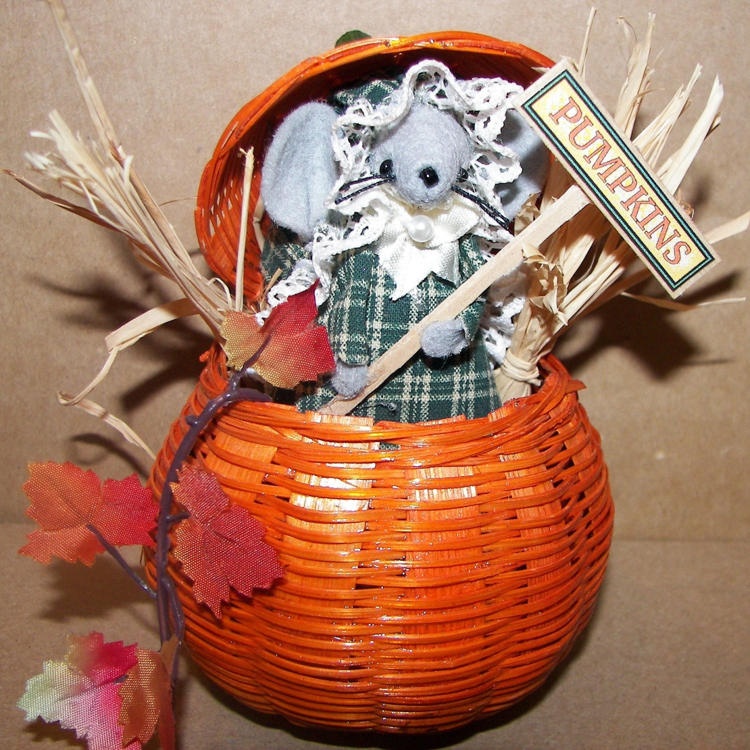 Felt Halloween Mouse in Pumpkin Basket - one of the cute gift mice for animal lovers and collectors by Warmth