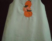 Custom Boutique Handmade Girls Clothing Aline Jumper Aqua Gingham appliqued orange pumpkin