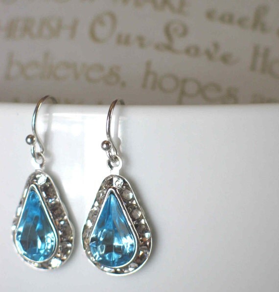 Something Blue Bridal Earrings, Glam Tear Drop, Swarovski Crystals