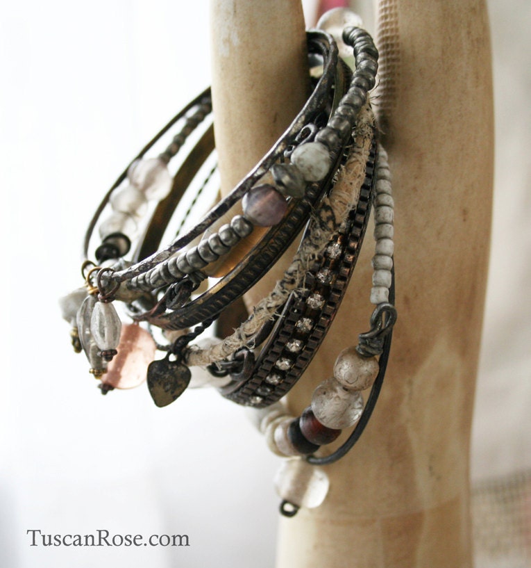 Bangle Stack 118b - set of 10 Bangles - urban gypsy bracelets - neutrals