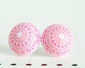 Earrings - Round Patterned Domed Pink and White Post Earrings  - Silver Plated Post - JacarandaDesigns