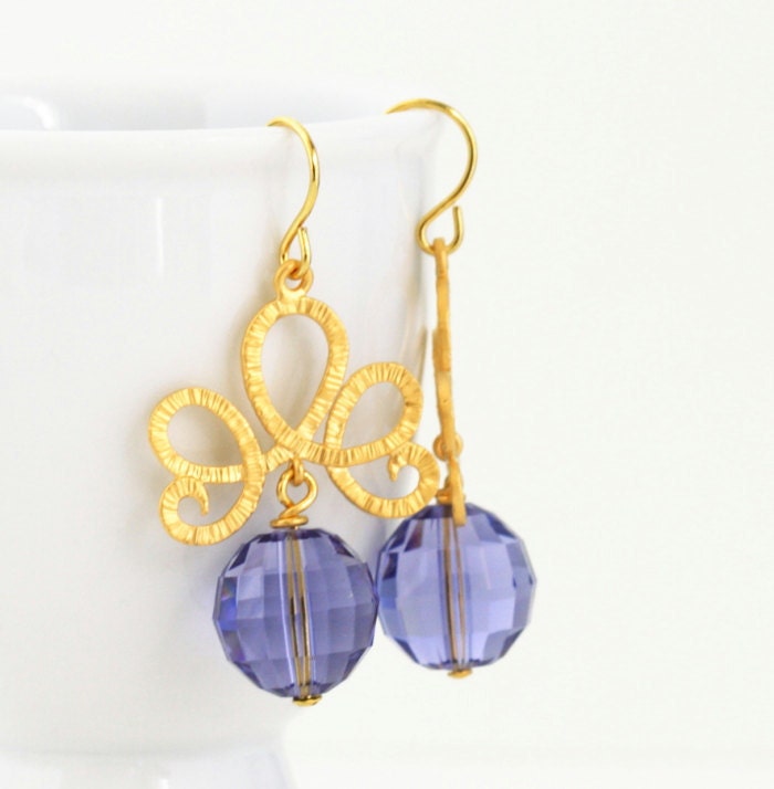 Purple Crystal Earrings - Gold Scroll Dangle Earrings With Purple Crystals, Drop Earrings