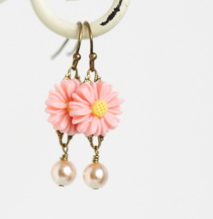 Peach Flower Earrings - Peach Daisy Earrings - Peach Earrings - Bridesmaids Earrings - Matching Necklace, Drop Earrings, Floral Accessories